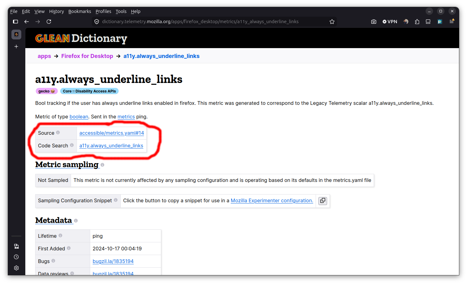 Glean Dictionary showing a metric with a link back to source